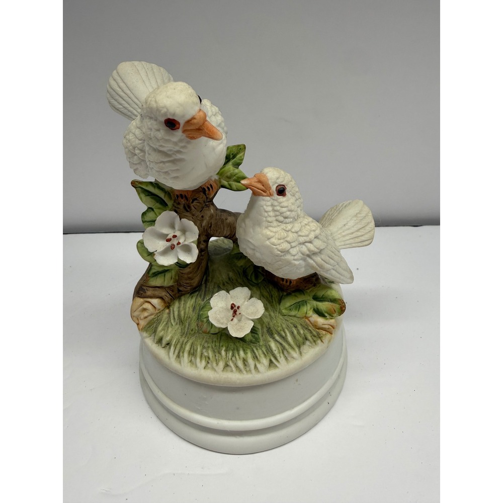 Vintage Bisque Porcelain White Birds on Branch Rotating Music Box Figurine
